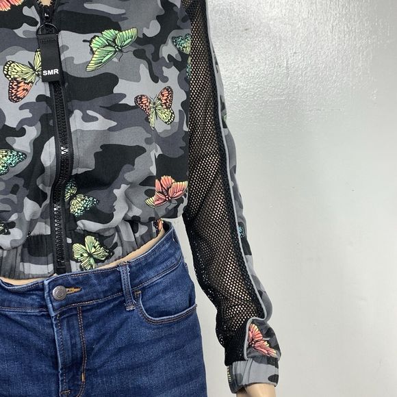 Sommer Ray Hoodie Womens Small Gray Camo & Butterflies Full Zipper Net Sleeves - Picture 2 of 13